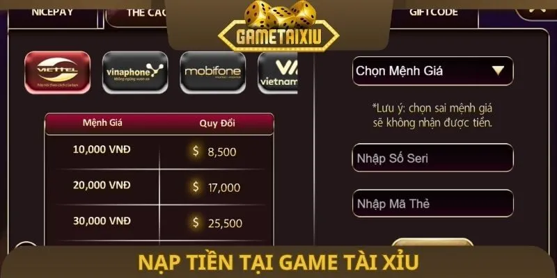 Nạp tiền tại Game tài xỉu